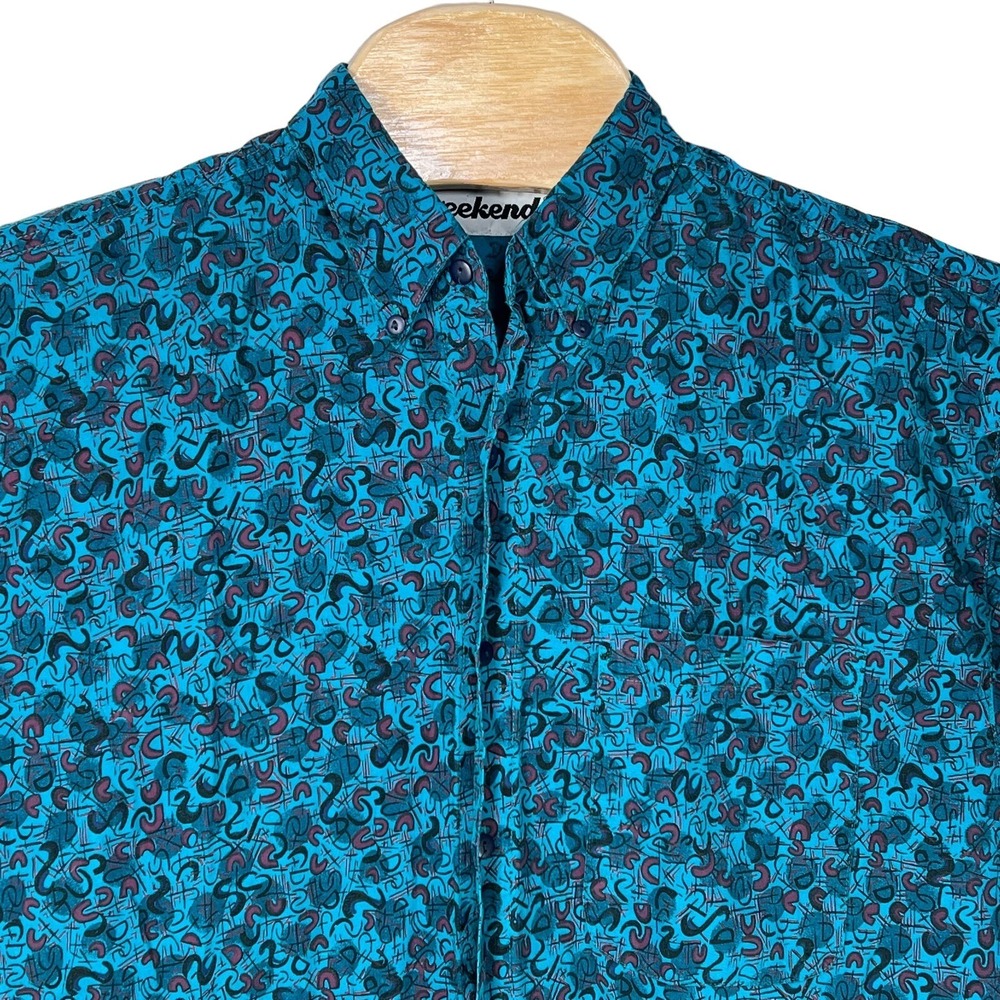 Weekends Men‎ Medium Cotton Green Short Sleeve Button Up Shirt